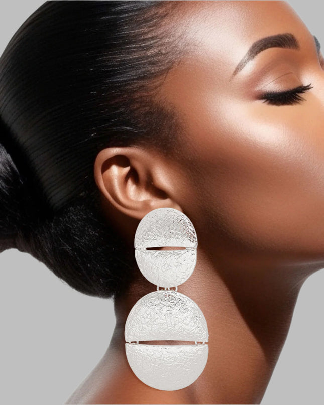 Women's Clip-On Earrings XLarge Silver Metal Scratched Texture Design Split Oval Shaped Clip-Ons. Earrings Featuring Hinged Split Oval Drop. Paddle Back Clip-Ons.