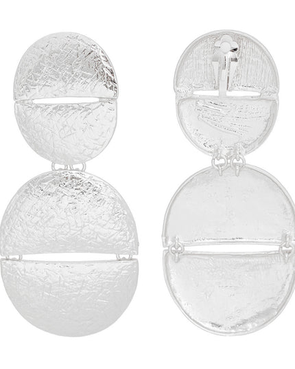 Women's Clip-On Earrings XLarge Silver Metal Scratched Texture Design Split Oval Shaped Clip-Ons. Earrings Featuring Hinged Split Oval Drop. Paddle Back Clip-Ons.