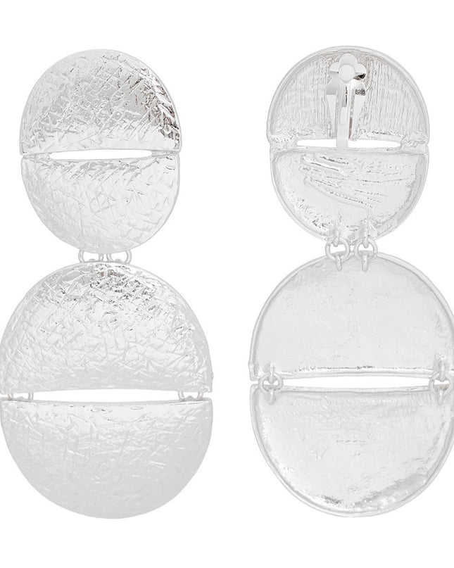 Women's Clip-On Earrings XLarge Silver Metal Scratched Texture Design Split Oval Shaped Clip-Ons. Earrings Featuring Hinged Split Oval Drop. Paddle Back Clip-Ons.