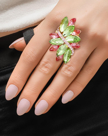 Women's Cocktail Ring Alpha Kappa Alpha Sorority Gold Metal Stretch Band Ring Featuring Pink and Green Marquise Crystal Cluster Design. Ring Detail measures 1.85" long.