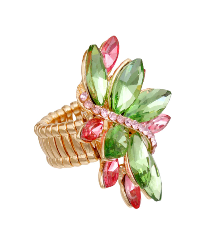 Women's Cocktail Ring Alpha Kappa Alpha Sorority Gold Metal Stretch Band Ring Featuring Pink and Green Marquise Crystal Cluster Design. Ring Detail measures 1.85" long.