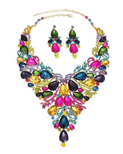 Women's Crystal Bib Necklace Set Gold Metal with Multicolor Teardrop Crystals and Rhinestones Jeweled Bib Statement Necklace. Formal Prom Wedding Set Features Elegant Leaf Filigree and Pointed Bib Design. Bib measures 5.75" x 7.5". Lobster Clasp Closure. Includes Matching Dangle Crystal Earrings.