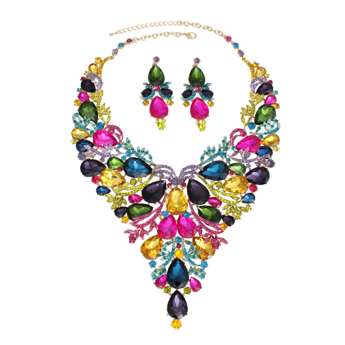 Women's Crystal Bib Necklace Set Gold Metal with Multicolor Teardrop Crystals and Rhinestones Jeweled Bib Statement Necklace. Formal Prom Wedding Set Features Elegant Leaf Filigree and Pointed Bib Design. Bib measures 5.75" x 7.5". Lobster Clasp Closure. Includes Matching Dangle Crystal Earrings.