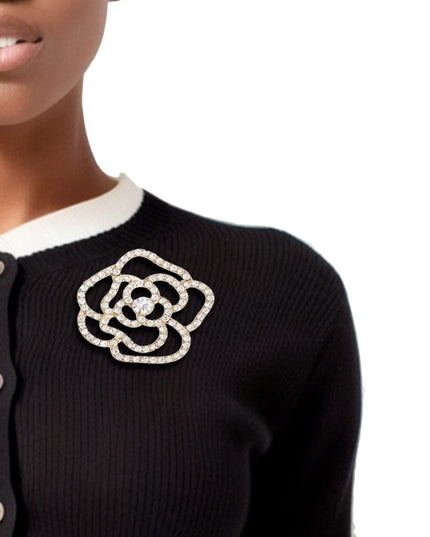 Women's Brooch Pin Gold Metal and Clear Rhinestone Cutout Rose Flower Luxe Brooch. Safety Pin C Closure.
