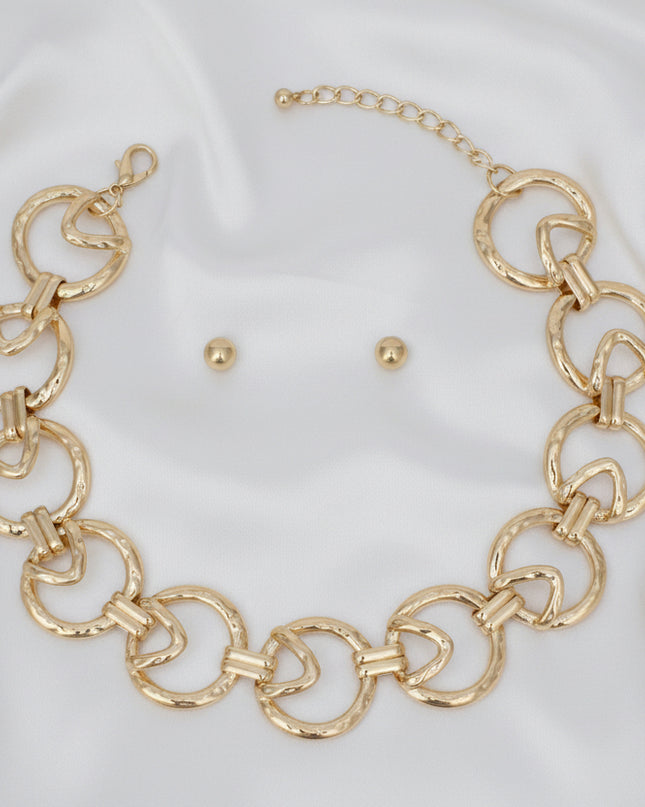 Women's Chain Necklace Set. Edgy Sculptural Chunky Gold Metal Round Link Chain Necklace Featuring Raised Geometric Triangle Overlay. Dimensional Chain.