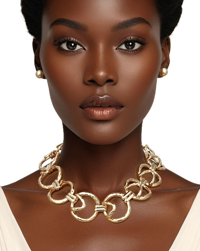 Women's Chain Necklace Set. Edgy Sculptural Chunky Gold Metal Round Link Chain Necklace Featuring Raised Geometric Triangle Overlay. Dimensional Chain.