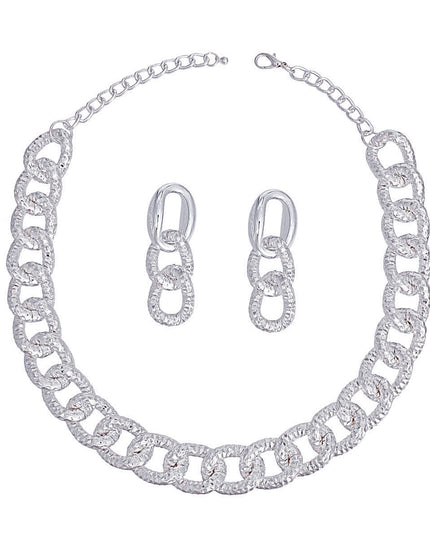 Women's Chain Necklace Set Shiny Oversized Silver Diamond Cut Textured Link Chain Necklace. Each Link measures 1" x .75". Silver Metal Lobster Clasp Closure. Includes Duo Texture Matching Chain Link Drop Post Earrings. Earrings measure 2.5" x .75".