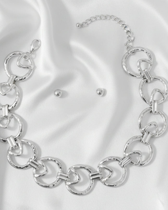 Women's Chain Necklace Set. Edgy Sculptural Chunky Silver Metal Round Link Chain Necklace Featuring Raised Geometric Triangle Overlay. 