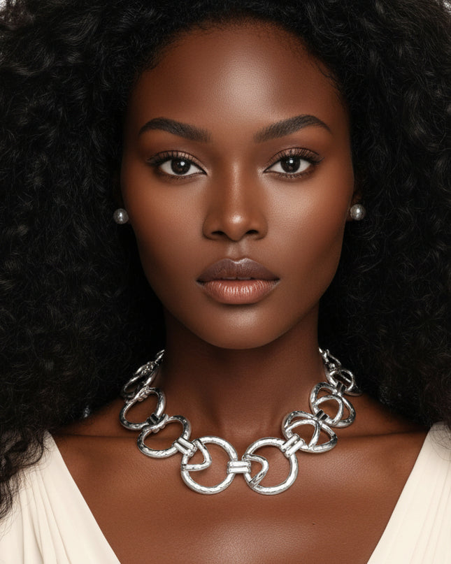 Women's Chain Necklace Set. Edgy Sculptural Chunky Silver Metal Round Link Chain Necklace Featuring Raised Geometric Triangle Overlay. 