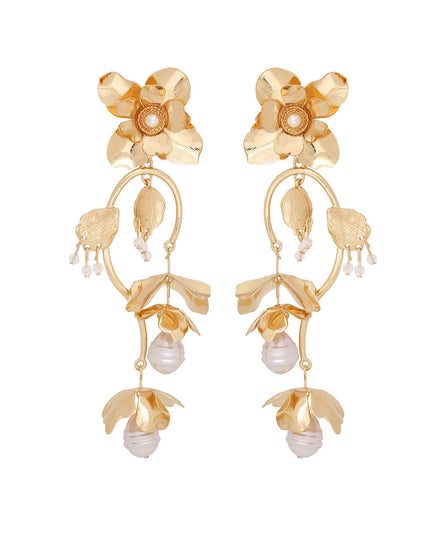 Chandelier Gold Flower Pearl Dangle Earrings
