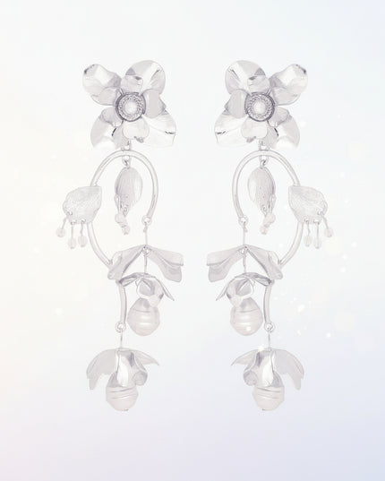 Chandelier Silver Flower Pearl Dangle Earrings