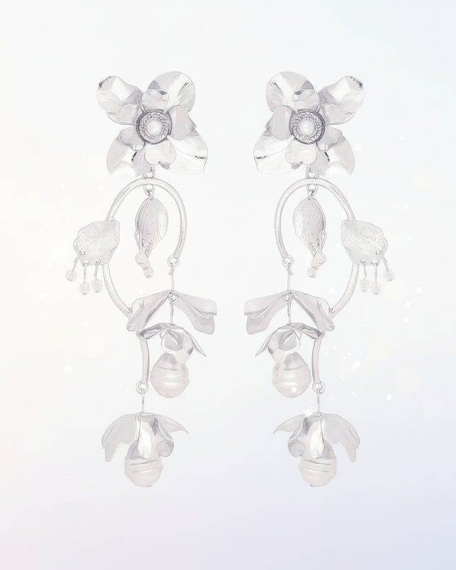 Chandelier Silver Flower Pearl Dangle Earrings