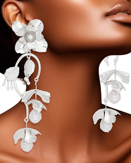 Chandelier Silver Flower Pearl Dangle Earrings