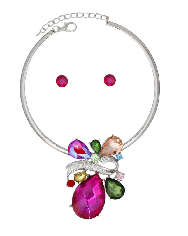 Women's Pendant Choker Necklace Set. Glamorous Evening Formal Rigid Silver Metal Choker Necklace Featuring Multicolor Glass Teardrop Crystal Slide Pendant. Pendant Measures 3.5" x 2.45". Lobster Clasp Closure. Includes Matching Rhinestone Faceted Stud Earrings with Post Backing.