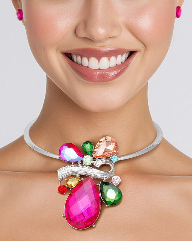 Women's Pendant Choker Necklace Set. Glamorous Evening Formal Rigid Silver Metal Choker Necklace Featuring Multicolor Glass Teardrop Crystal Slide Pendant. Pendant Measures 3.5" x 2.45". Lobster Clasp Closure. Includes Matching Rhinestone Faceted Stud Earrings with Post Backing.