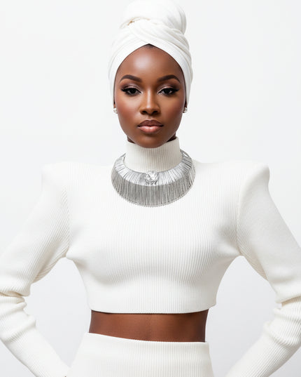 Women's Choker Necklace Set. Rigid Wide Silver Metal 3 Row Armor Style Choker Featuring Wire Wrapped Detailing and Center Clear Square Crystal. 