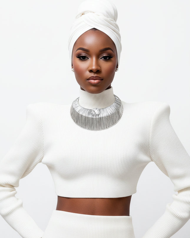 Women's Choker Necklace Set. Rigid Wide Silver Metal 3 Row Armor Style Choker Featuring Wire Wrapped Detailing and Center Clear Square Crystal. 