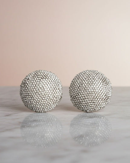 Women's Clip On Earrings. Maximum Sparkle Statement Earrings. Bold Hollow Gold Metal Oversized Domed Clip On Earrings Encrusted with Shimmering Clear Rhinestones.
