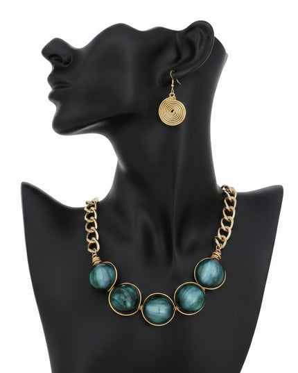 Women's Collar Necklace Set. Glossy and Galactic Chunky Gold Metal Chain Necklace with Eye-catching Centerpiece Collar Comprised of Jumbo Green Resin Ball Beads Featuring Swirled Glitter Inlay and Hand-wrapped Gold Metal Wire Detail. 