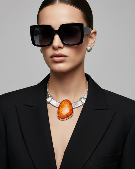 Women's Collar Necklace Set. Tribal Silver Metal Omega Chain Solid Collar Necklace Featuring Artisan-crafted Vivid Orange Resin with Foil Inlay and Stone-Like Silver Details.
