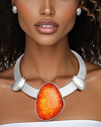 Women's Collar Necklace Set. Tribal Silver Metal Omega Chain Solid Collar Necklace Featuring Artisan-crafted Vivid Orange Resin with Foil Inlay and Stone-Like Silver Details.