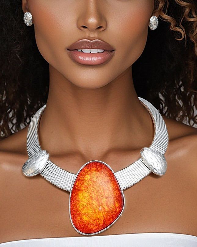 Women's Collar Necklace Set. Tribal Silver Metal Omega Chain Solid Collar Necklace Featuring Artisan-crafted Vivid Orange Resin with Foil Inlay and Stone-Like Silver Details.