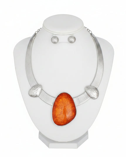 Women's Collar Necklace Set. Tribal Silver Metal Omega Chain Solid Collar Necklace Featuring Artisan-crafted Vivid Orange Resin with Foil Inlay and Stone-Like Silver Details.