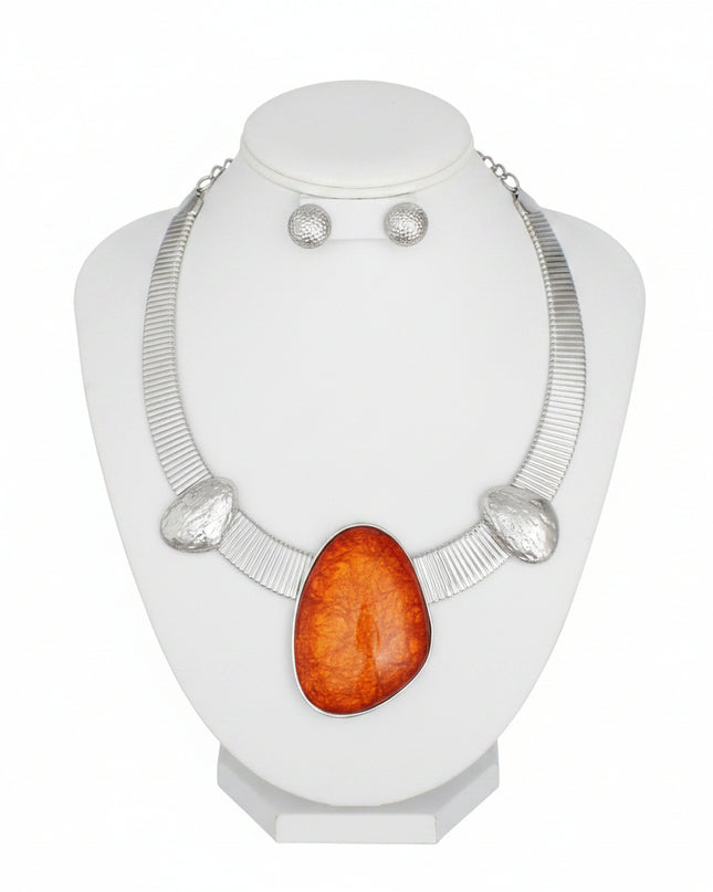 Women's Collar Necklace Set. Tribal Silver Metal Omega Chain Solid Collar Necklace Featuring Artisan-crafted Vivid Orange Resin with Foil Inlay and Stone-Like Silver Details.
