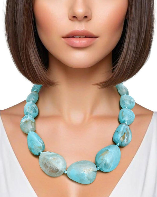 Women's Beaded Collar Necklace. Artistic and Boho Flair Graduated Chunky Stone-Like Turquoise Marbled Acrylic Resin Bead Collar Necklace Featuring Cord Knots and Beautiful Swirl Design. 