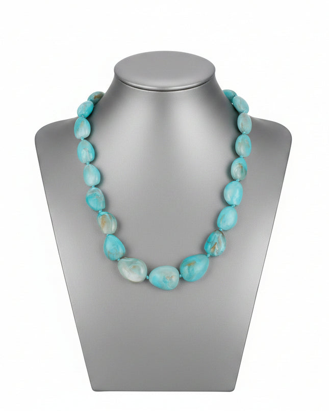 Women's Beaded Collar Necklace. Artistic and Boho Flair Graduated Chunky Stone-Like Turquoise Marbled Acrylic Resin Bead Collar Necklace Featuring Cord Knots and Beautiful Swirl Design. 