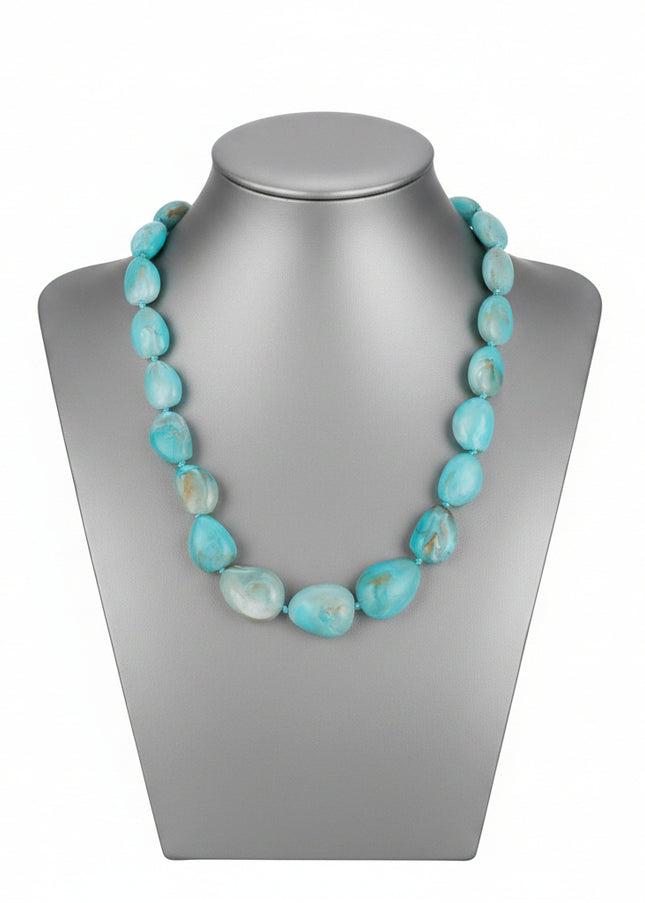 Women's Beaded Collar Necklace. Artistic and Boho Flair Graduated Chunky Stone-Like Turquoise Marbled Acrylic Resin Bead Collar Necklace Featuring Cord Knots and Beautiful Swirl Design. 