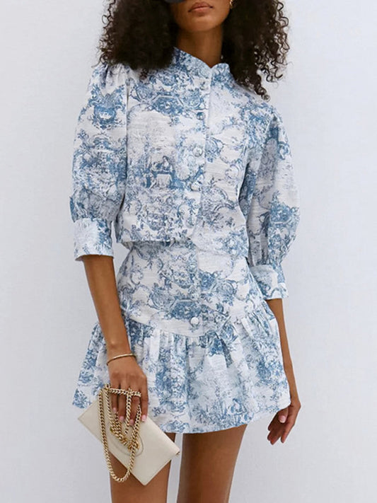 Printed Mock Neck Top and Skirt Set