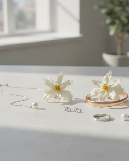 Women's Stud Earrings. Floral Statement Oversized Stud Earrings Featuring Large Dimensional Wavy Acrylic Petals in Dreamy Cream with an Orange and Yellow Beaded Center. Bold and Eye-Catching Floral Playful Elegance. Earrings Measure 4.25 inches and 2.25 inches Tall. Post Backing.