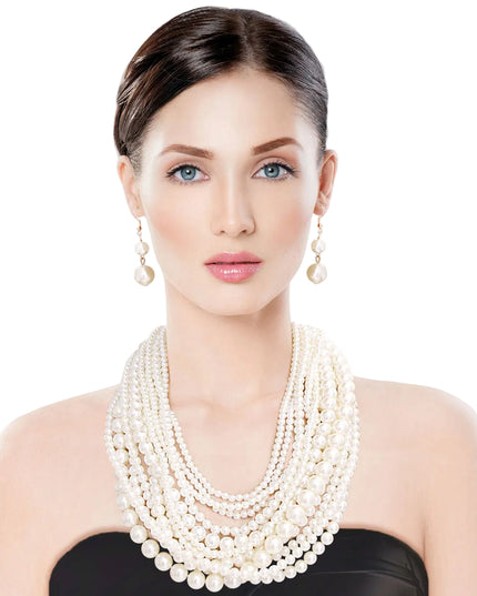 Cream Pearl Multi Strand Layered Necklace Set Featuring Varying-Sized Pearls. 12 Strands
