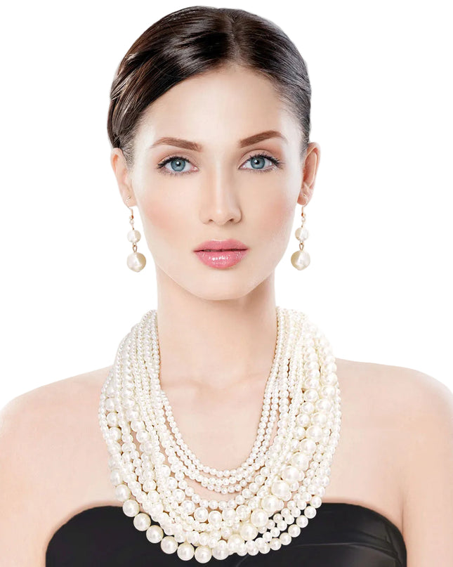Cream Pearl Multi Strand Layered Necklace Set Featuring Varying-Sized Pearls. 12 Strands