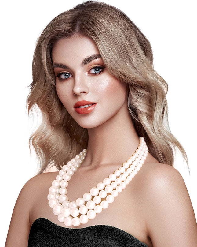 Luxurious Layers: Cream Pearl 3-Strand Gold Layered Necklace Set