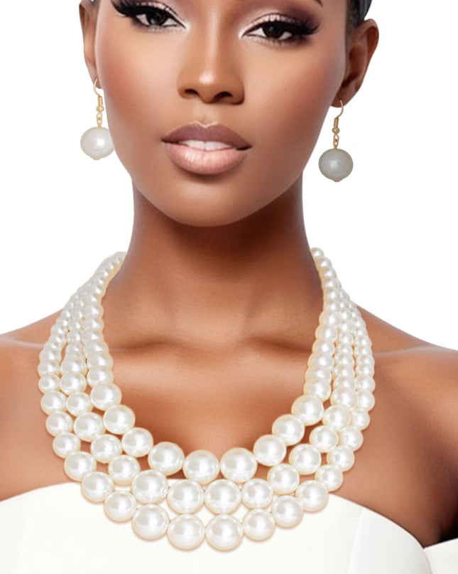 Luxurious Layers: Cream Pearl 3-Strand Gold Layered Necklace Set