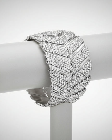 Women's Cuff Bracelet. Garden-Chic  Inspired Silver Metal Leaf Shaped Cuff Bracelet Encrusted with Clear Rhinestone Detailing. 