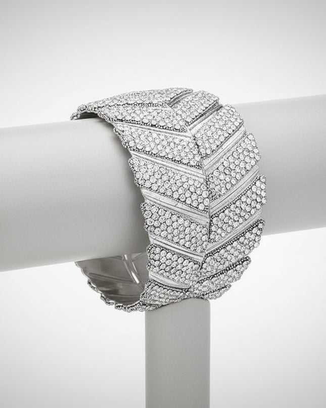 Women's Cuff Bracelet. Garden-Chic  Inspired Silver Metal Leaf Shaped Cuff Bracelet Encrusted with Clear Rhinestone Detailing. 