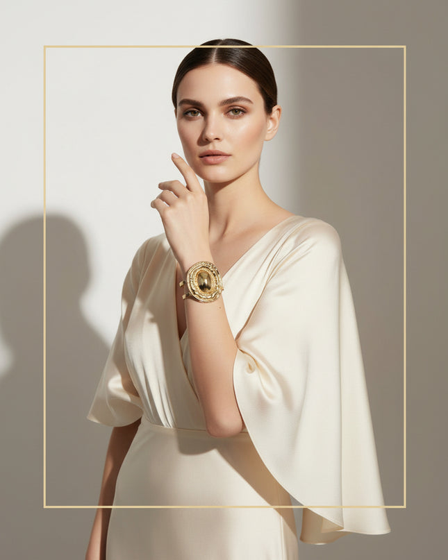 Women's Cuff Bracelet. Office to Evening Versatility Cut Out Gold Metal Double Bar Wrap Adjustable Cuff Bracelet Featuring Gold Metal Fluid Form Organic Oval Shape with Domed Center. Oval Measures 2.2 inches x 1.75 inches. Cuff Portion Measures .85 inches wide.