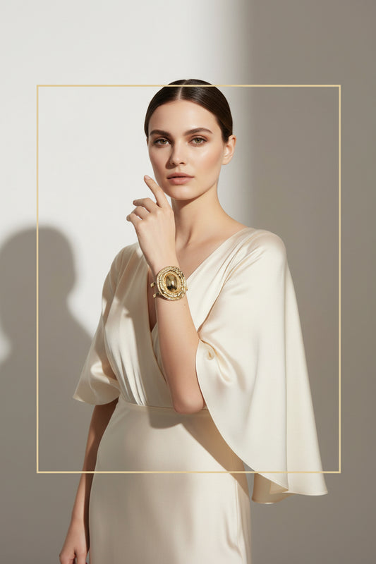 Women's Cuff Bracelet. Office to Evening Versatility Cut Out Gold Metal Double Bar Wrap Adjustable Cuff Bracelet Featuring Gold Metal Fluid Form Organic Oval Shape with Domed Center. Oval Measures 2.2 inches x 1.75 inches. Cuff Portion Measures .85 inches wide.