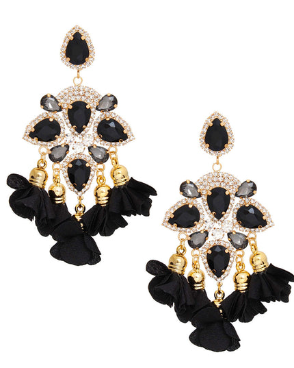 Women's Dangle Earrings Elegant Formal Gold Metal with Black Teardrop Crystals and Pave Rhinestones Drop Earrings Featuring Fabric Petal Tassel Details. Post Backing.