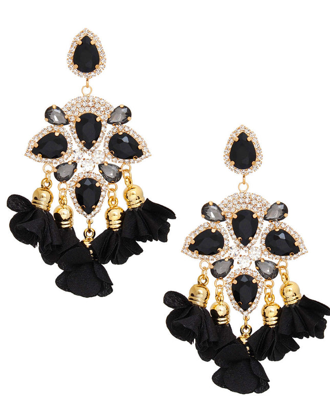 Women's Dangle Earrings Elegant Formal Gold Metal with Black Teardrop Crystals and Pave Rhinestones Drop Earrings Featuring Fabric Petal Tassel Details. Post Backing.