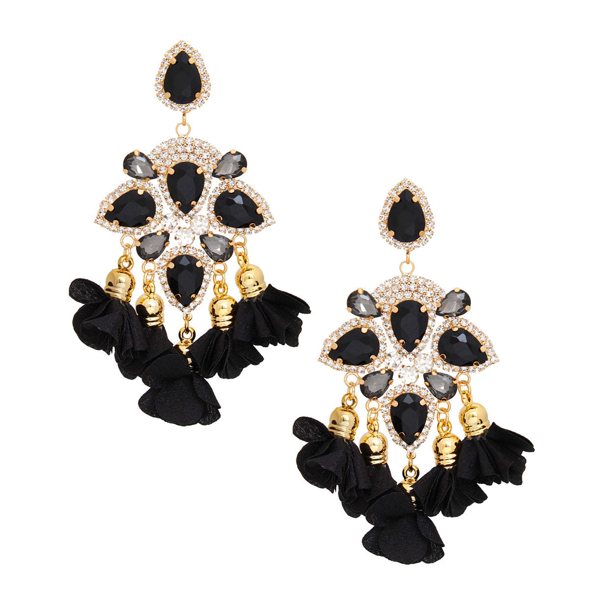 Women's Dangle Earrings Elegant Formal Gold Metal with Black Teardrop Crystals and Pave Rhinestones Drop Earrings Featuring Fabric Petal Tassel Details. Post Backing.