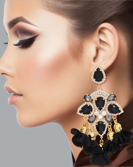 Women's Dangle Earrings Elegant Formal Gold Metal with Black Teardrop Crystals and Pave Rhinestones Drop Earrings Featuring Fabric Petal Tassel Details. Post Backing.