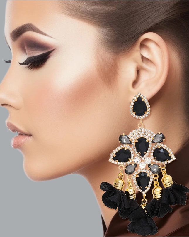 Women's Dangle Earrings Elegant Formal Gold Metal with Black Teardrop Crystals and Pave Rhinestones Drop Earrings Featuring Fabric Petal Tassel Details. Post Backing.