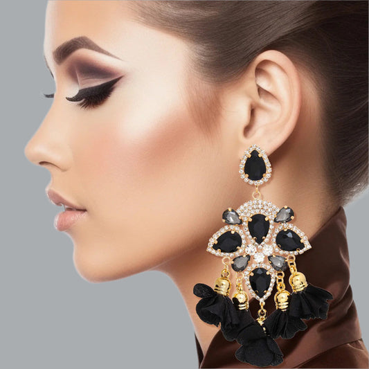 Women's Dangle Earrings Elegant Formal Gold Metal with Black Teardrop Crystals and Pave Rhinestones Drop Earrings Featuring Fabric Petal Tassel Details. Post Backing.