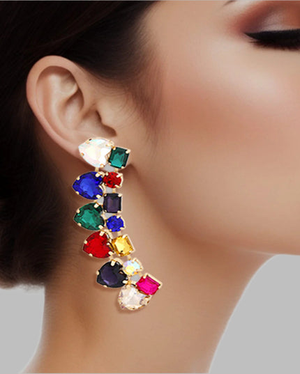 Women's Dangle Stud Earrings Gold Metal with Multicolor Heart and Radiant Cut Shaped Crystals Featuring Linked Angle Drop Design. 