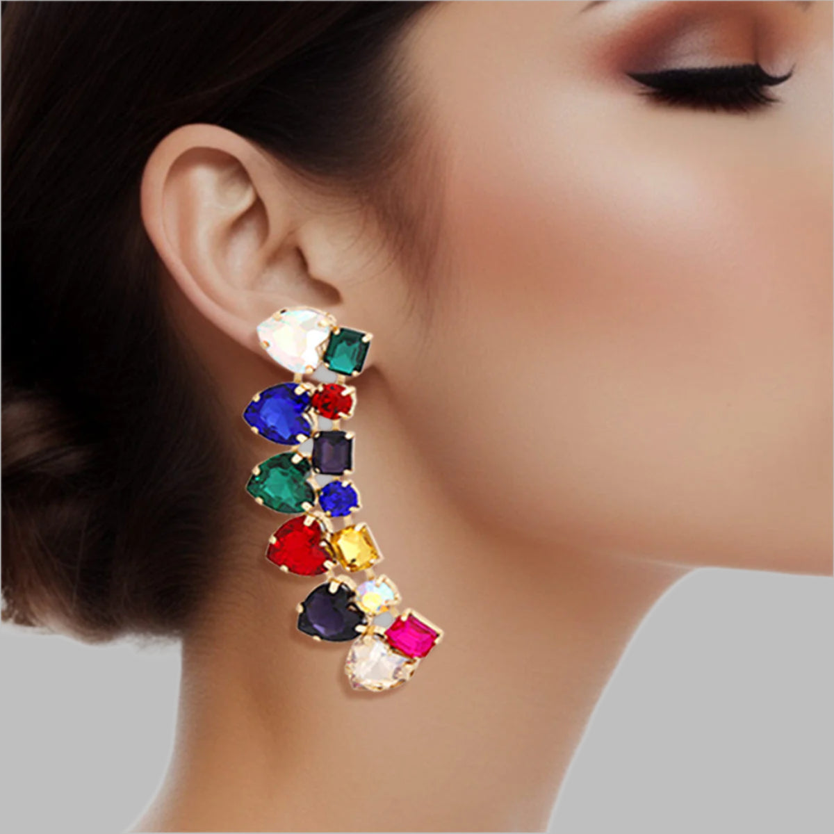 Women's Dangle Stud Earrings Gold Metal with Multicolor Heart and Radiant Cut Shaped Crystals Featuring Linked Angle Drop Design. 