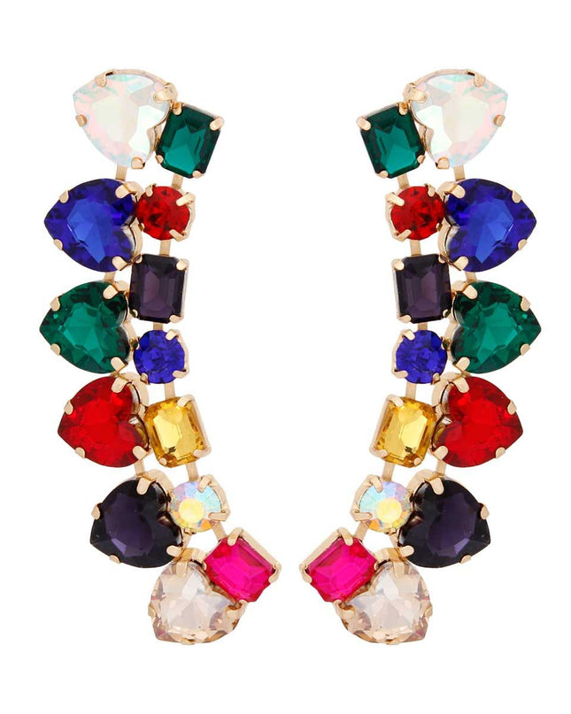 Women's Dangle Stud Earrings Gold Metal with Multicolor Heart and Radiant Cut Shaped Crystals Featuring Linked Angle Drop Design. 
